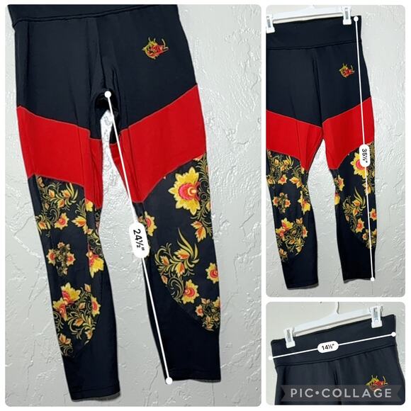Womens Nike Essential Floral Printed Leggings SZ L Black Red Gold - Picture 7 of 8